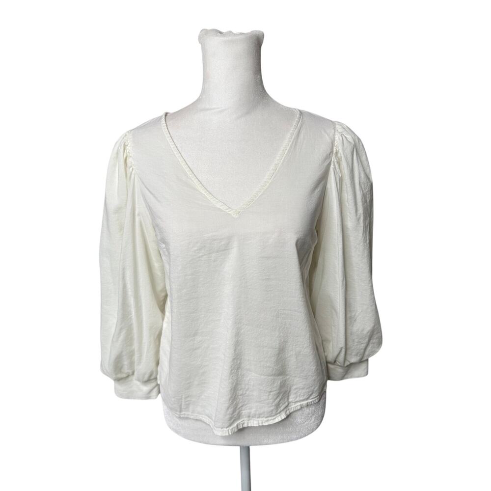 A New Day Cream Balloon Sleeve Blouse XS Romantic Minimal Coastal Workwear Top - Picture 2 of 11